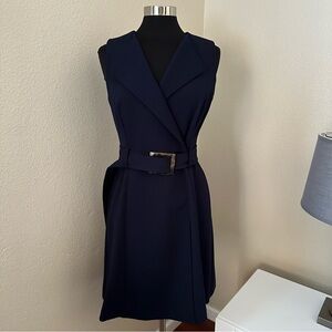 Calvin Klein Navy Blue Wrap Belted Sleeveless Sheath Midi Dress Size 8